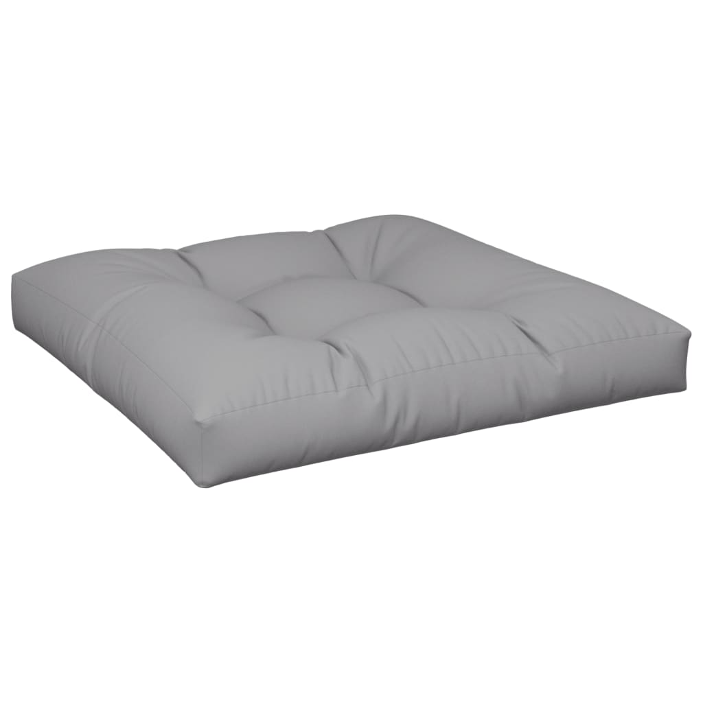 Gray polyester pallet cushion measuring 27.6x27.6x4.7 inches with tufted design.
