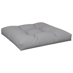 Gray polyester pallet cushion measuring 27.6x27.6x4.7 inches with tufted design.