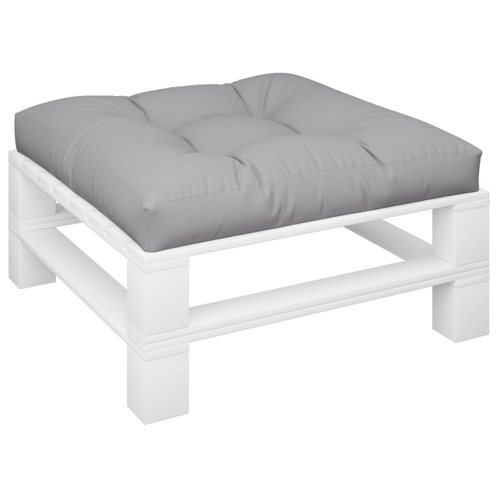 Gray polyester pallet cushion, 27.6x27.6x4.7 inches, with tufted top on a white frame.