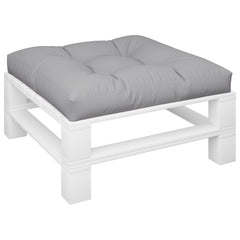 Gray polyester pallet cushion, 27.6x27.6x4.7 inches, with tufted top on a white frame.