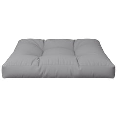 Gray polyester pallet cushion measuring 27.6x27.6x4.7 inches with tufted sections.