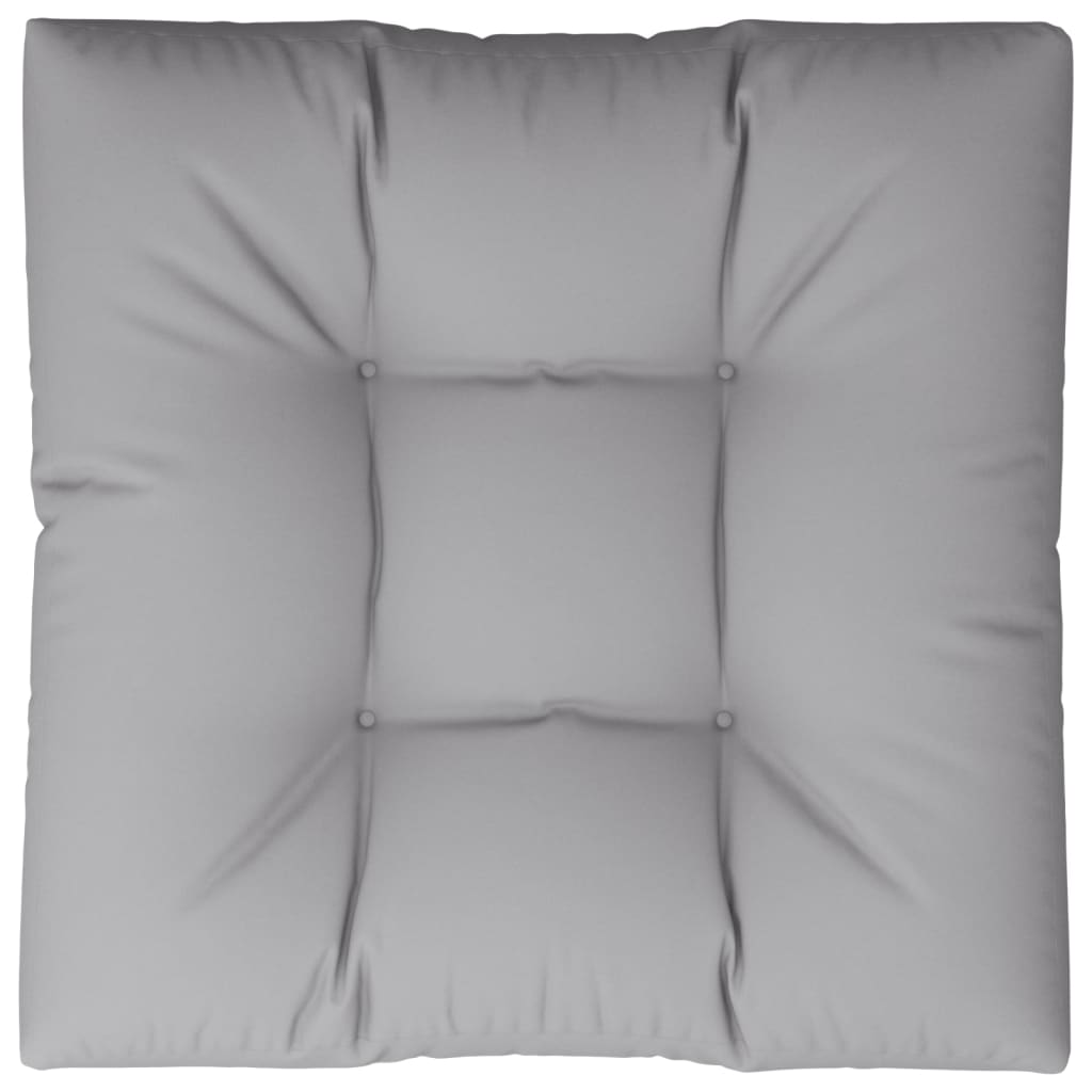 Gray polyester pallet cushion, 27.6x27.6x4.7 inches, with tufted square design.
