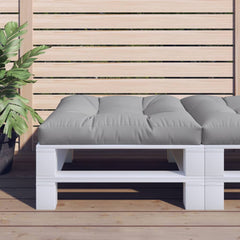 Gray polyester pallet cushion, 27.6x27.6x4.7 inches, on white pallet outdoors.