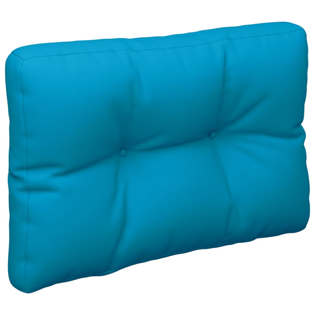 Light blue polyester pallet cushion with tufted design, 19.7x15.7x4.7 inches.