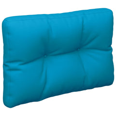 Light blue polyester pallet cushion with tufted design, 19.7x15.7x4.7 inches.