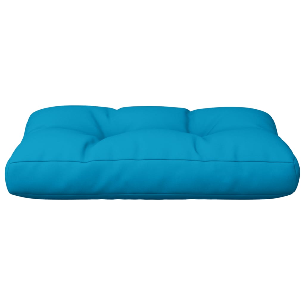 Light blue polyester pallet cushion, 19.7x15.7x4.7 inches, with tufted sections.