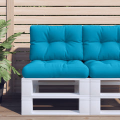 Light blue polyester pallet cushion with tufted design, 19.7x15.7x4.7 inches.