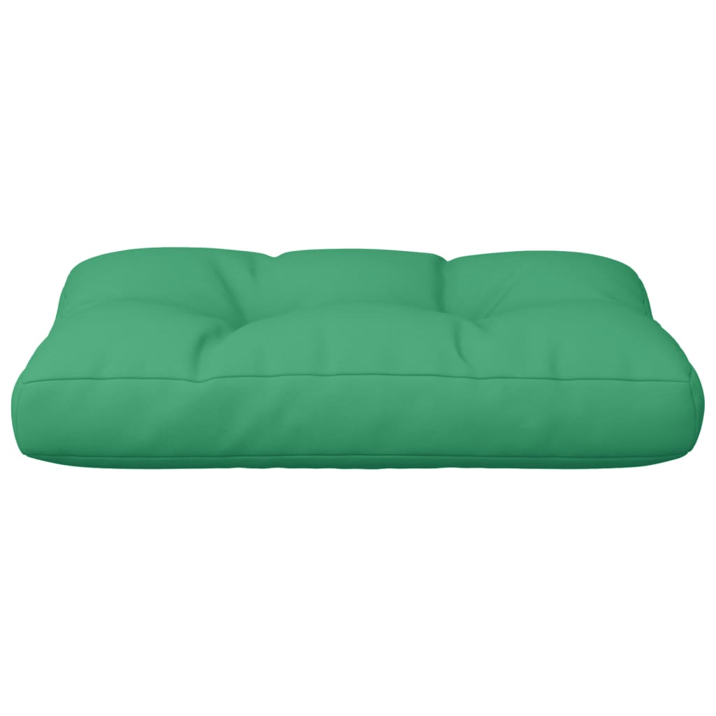 A rectangular green tufted pallet cushion is shown from a side view.