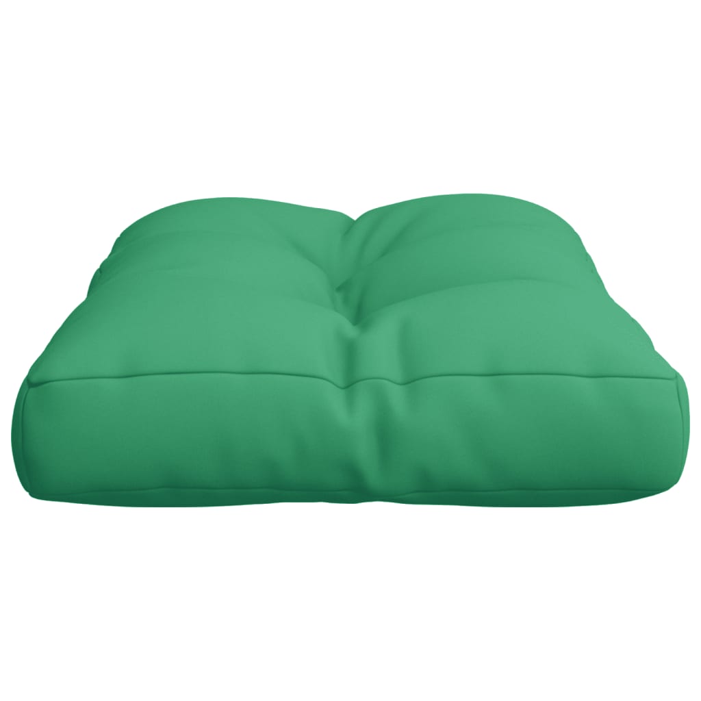 Green polyester pallet cushion measuring 19.7x15.7x4.7 inches with tufted design.