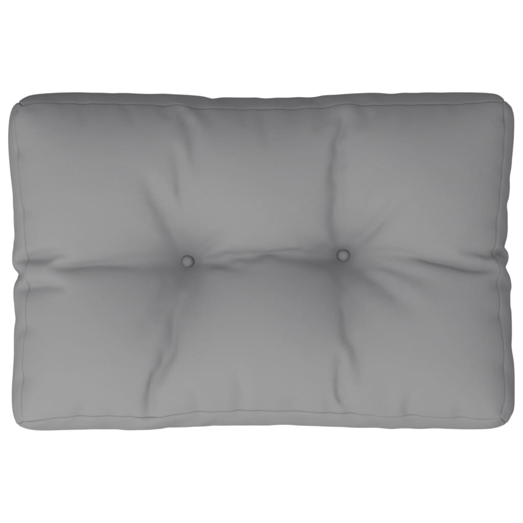 Gray polyester pallet cushion, 23.6x15.7x4.7 inches, with tufted design.