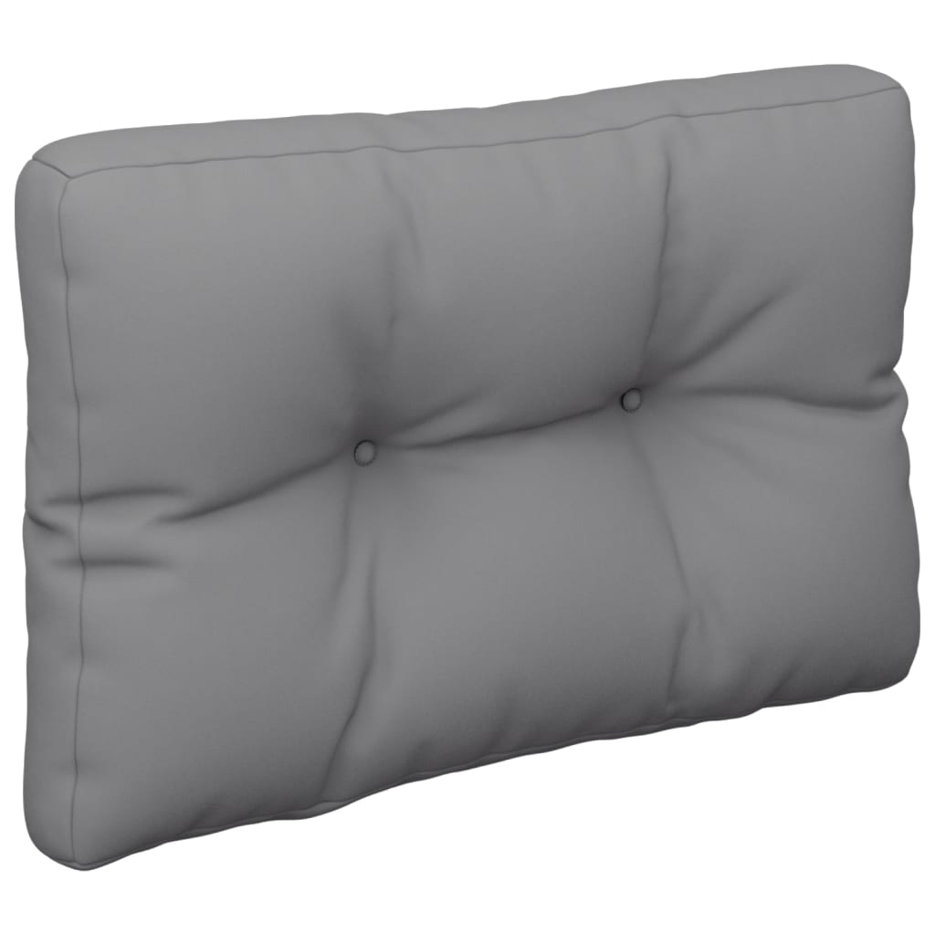 Gray polyester pallet cushion with tufted design, measuring 23.6x15.7x4.7 inches.
