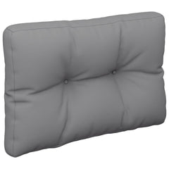 Gray polyester pallet cushion with tufted design, measuring 23.6x15.7x4.7 inches.