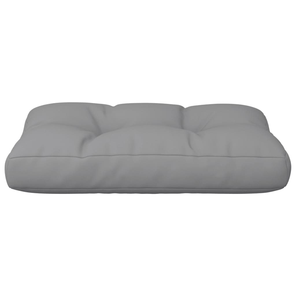 Gray polyester pallet cushion, 23.6 x 15.7 x 4.7 inches, with tufted sections.