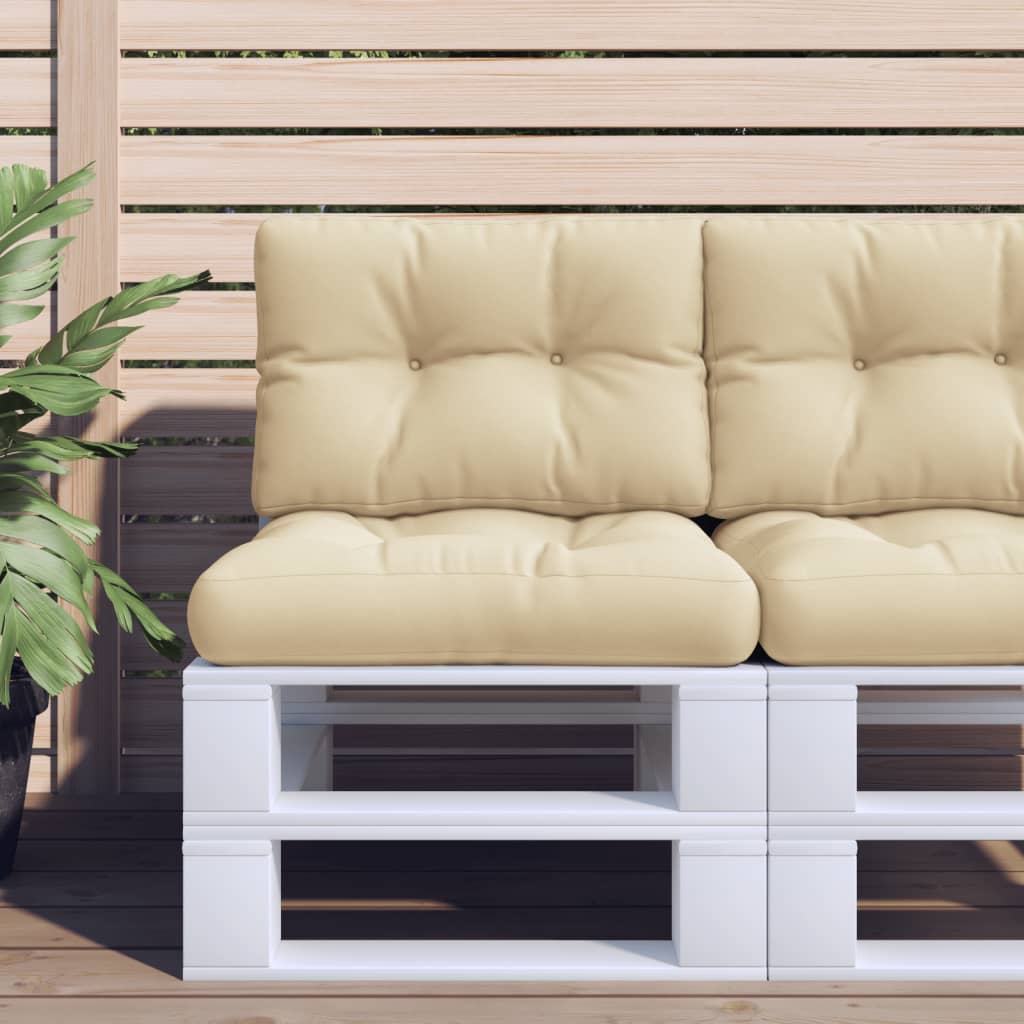Beige polyester pallet cushion, 23.6x15.7x4.7 inches, on white pallet.