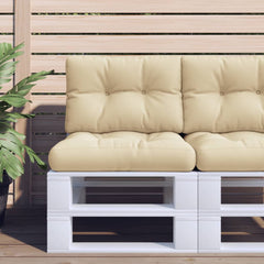 Beige polyester pallet cushion, 23.6x15.7x4.7 inches, on white pallet.