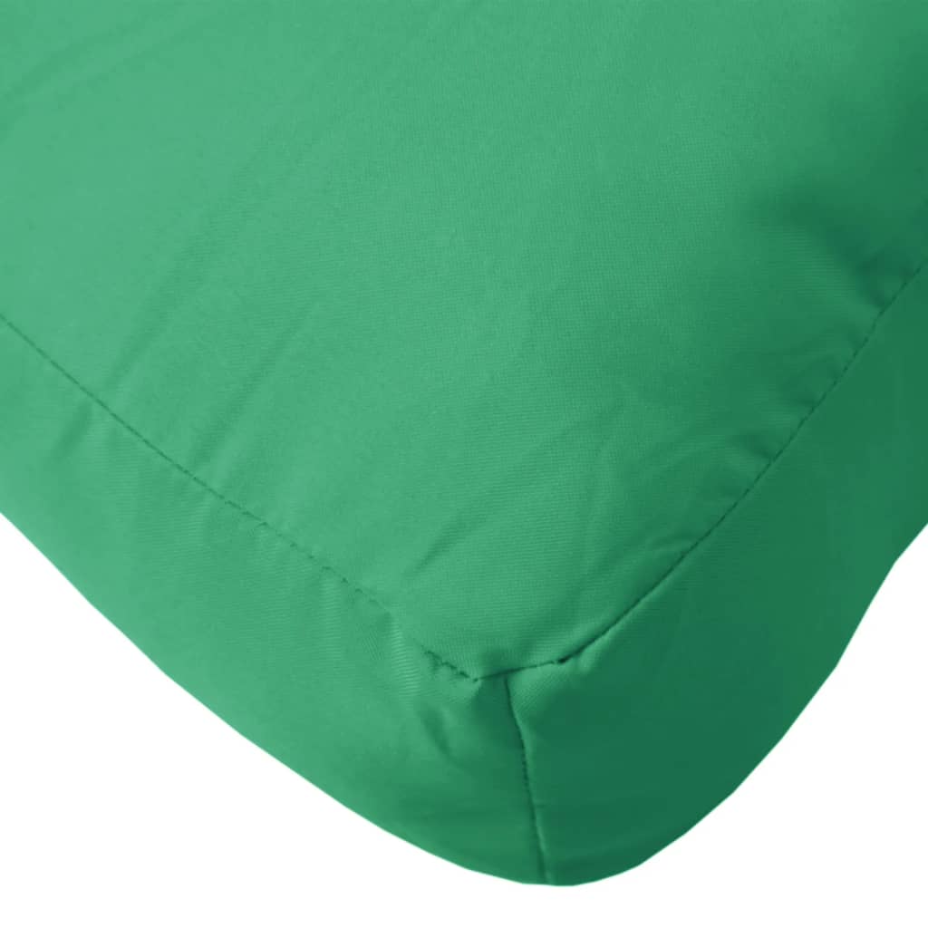 Green polyester pallet cushion, 23.6x15.7x4.7 inches, with stitched edges.