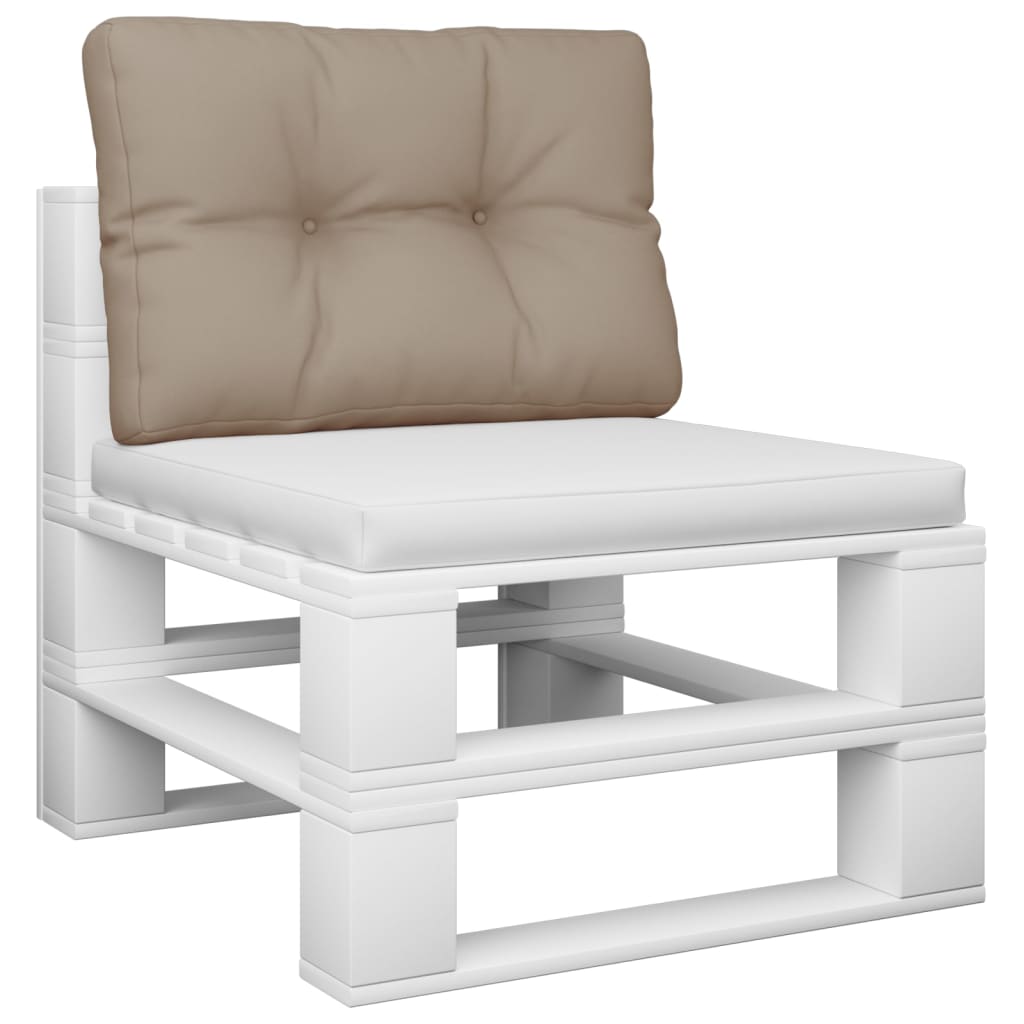 A white pallet chair with a white seat cushion and a taupe back cushion.