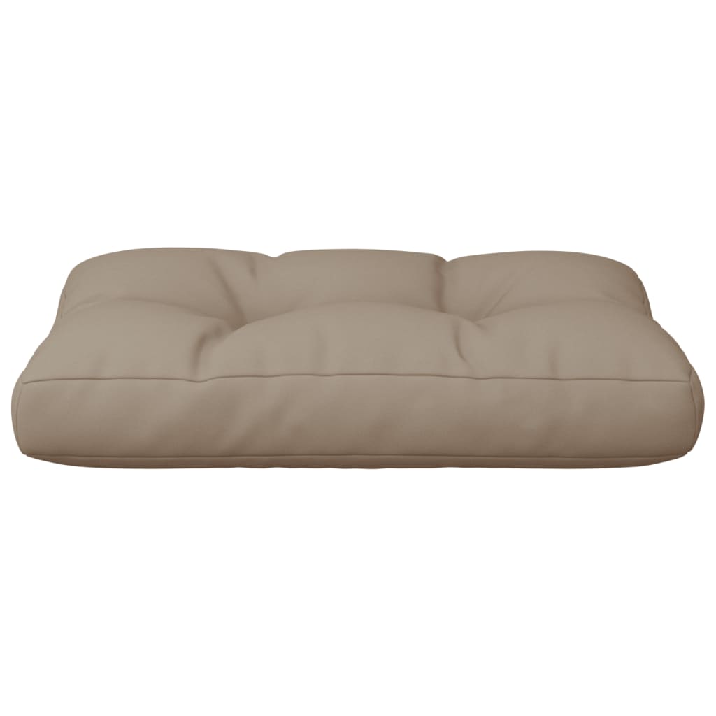 Taupe polyester pallet cushion, 23.6x15.7x4.7 inches, with tufted sections.