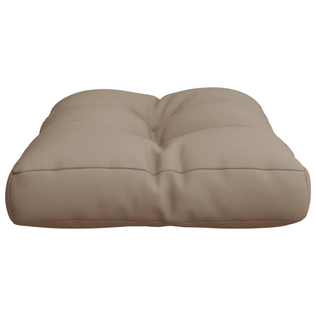 A rectangular taupe pallet cushion with tufted details is shown from a slightly elevated side view.
