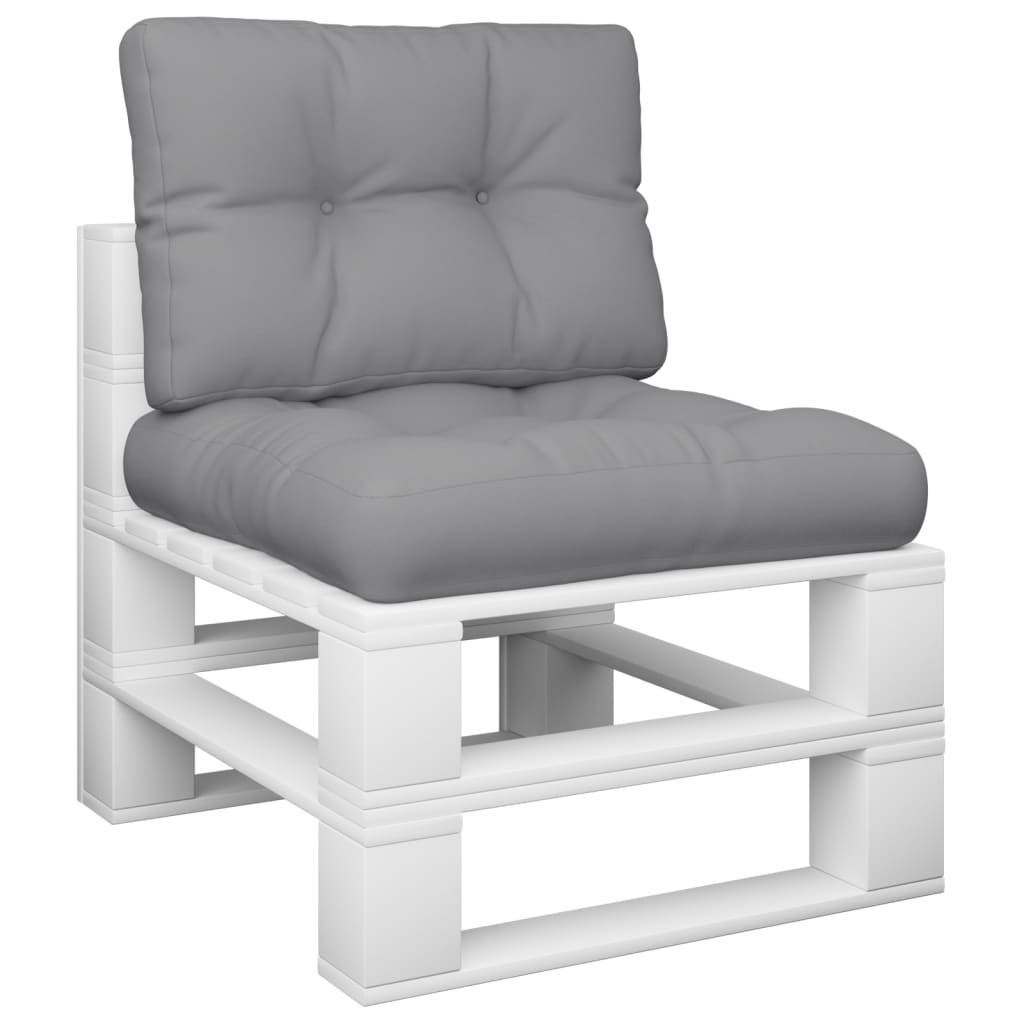 Gray polyester pallet cushions, 2-piece set with seat and back for outdoor furniture.