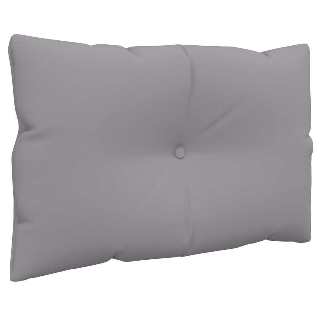 A single gray polyester pallet back cushion with a tufted button in the center.