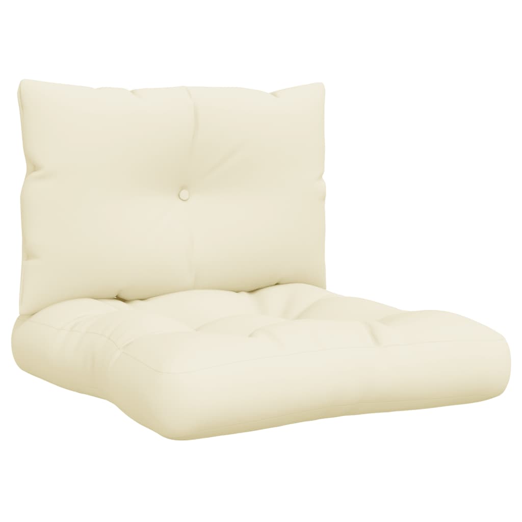 Cream polyester pallet cushions set with a tufted back and seat.