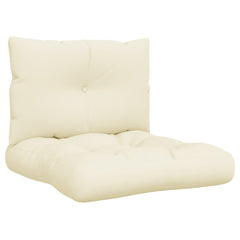 Cream polyester pallet cushions set with a tufted back and seat.
