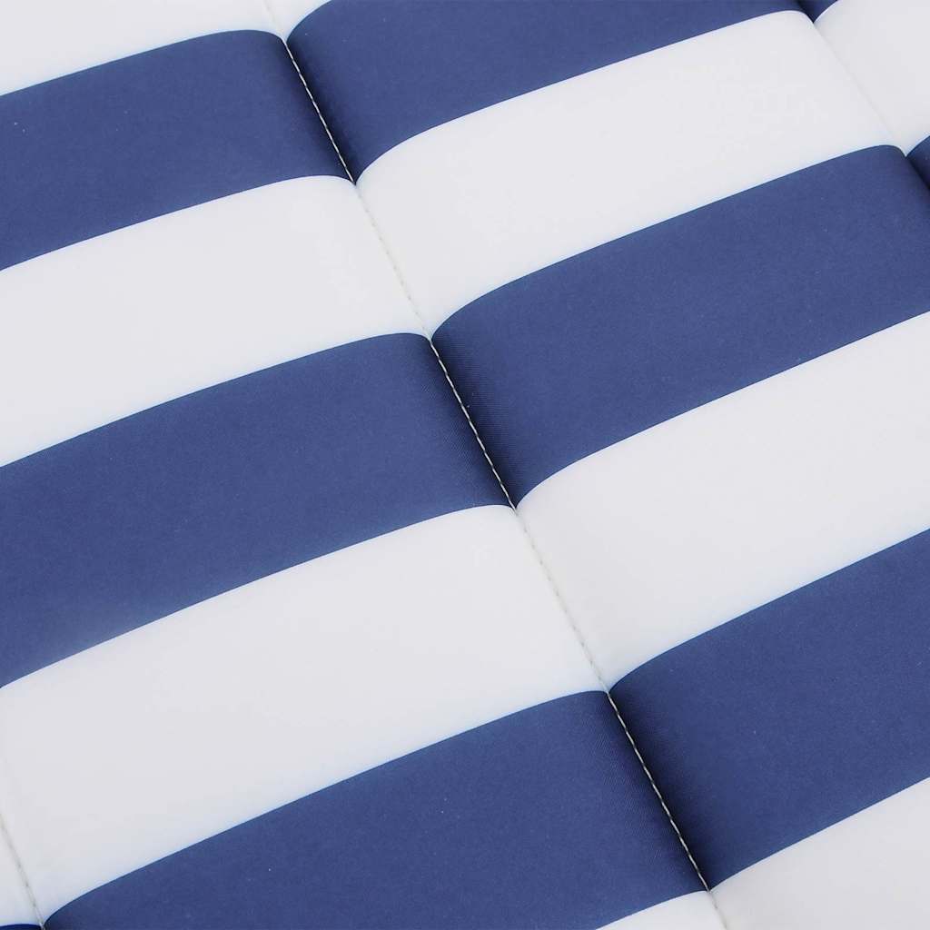 Blue and white striped sun lounger cushion made of durable Oxford fabric with non-slip straps.
