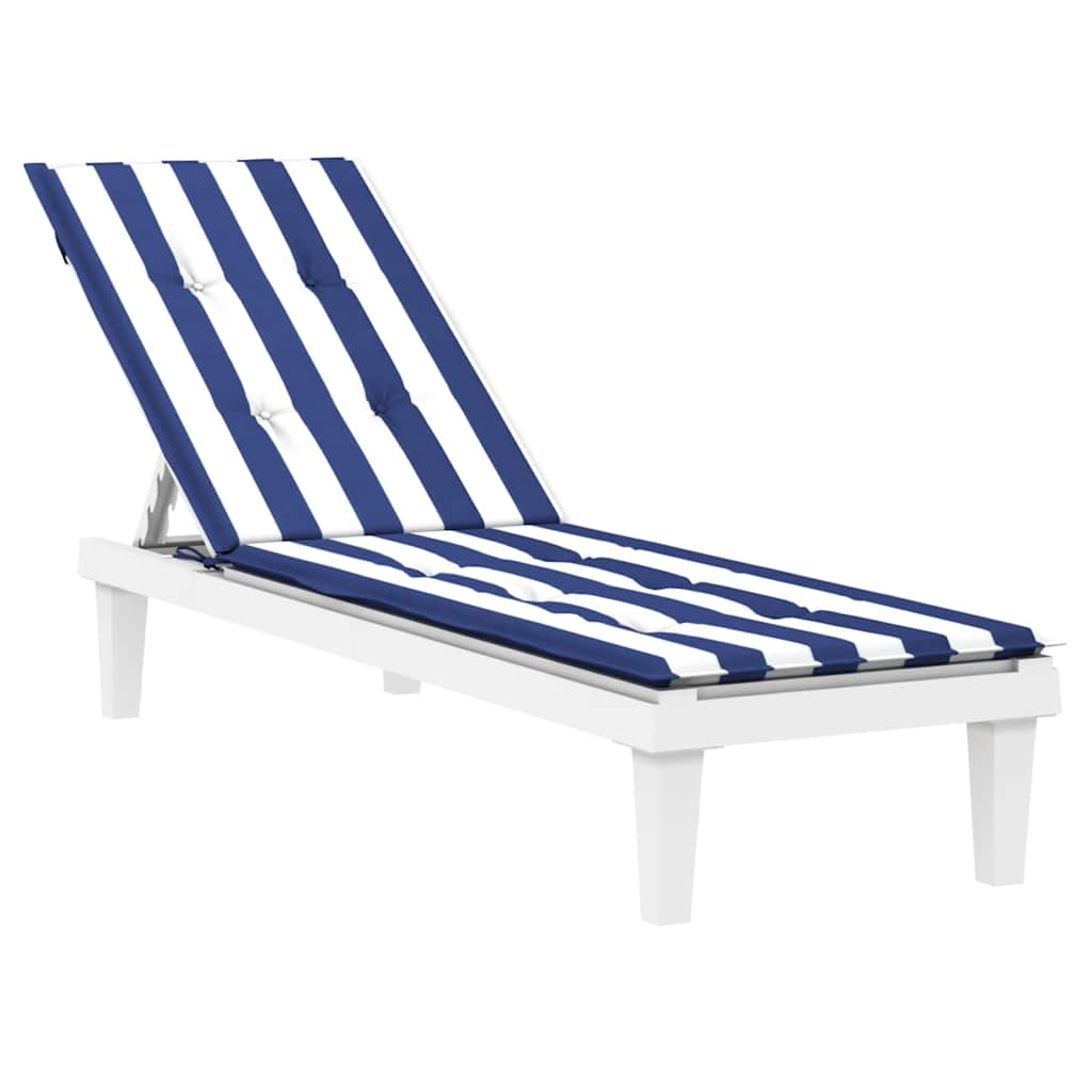 Blue and white striped Oxford deck chair cushion for outdoor seating.