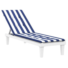 Blue and white striped Oxford deck chair cushion for outdoor seating.