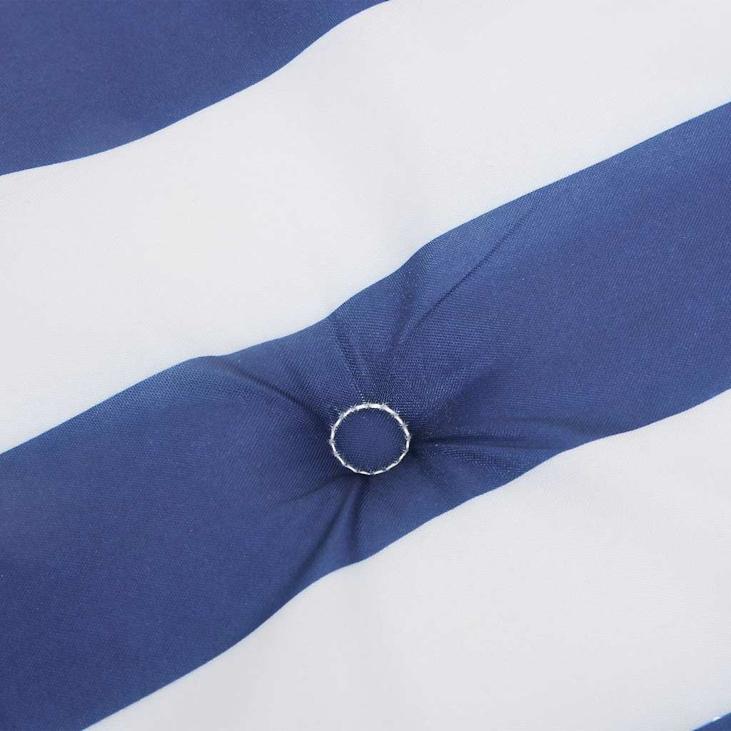 Blue and white striped Oxford fabric deck chair cushion with central tufted button detail.