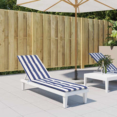 Blue and white striped cushion for deck chair with non-slip straps under a patio umbrella