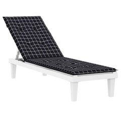 Black check Oxford fabric cushion for a white wooden deck chair.