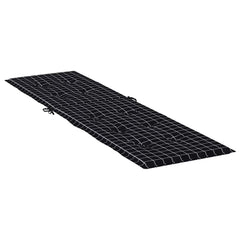 Black check Oxford fabric deck chair cushion with straps for secure fit.