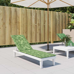 Green leaf-patterned Oxford fabric deck chair cushion on a white lounger.