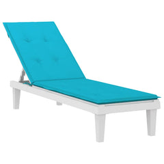 Turquoise water-resistant Oxford fabric cushion on a white deck chair.
