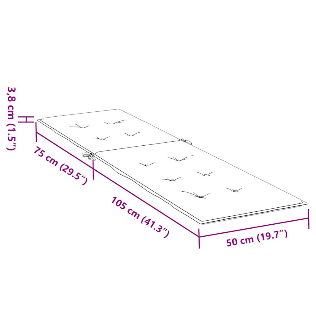 Diagram of a turquoise deck chair cushion measuring 105 cm by 50 cm by 3 cm, showing foldable design with straps.