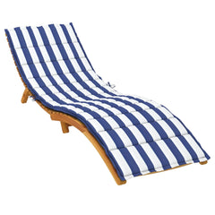 Blue and white striped sun lounger cushion in Oxford fabric on wooden frame.