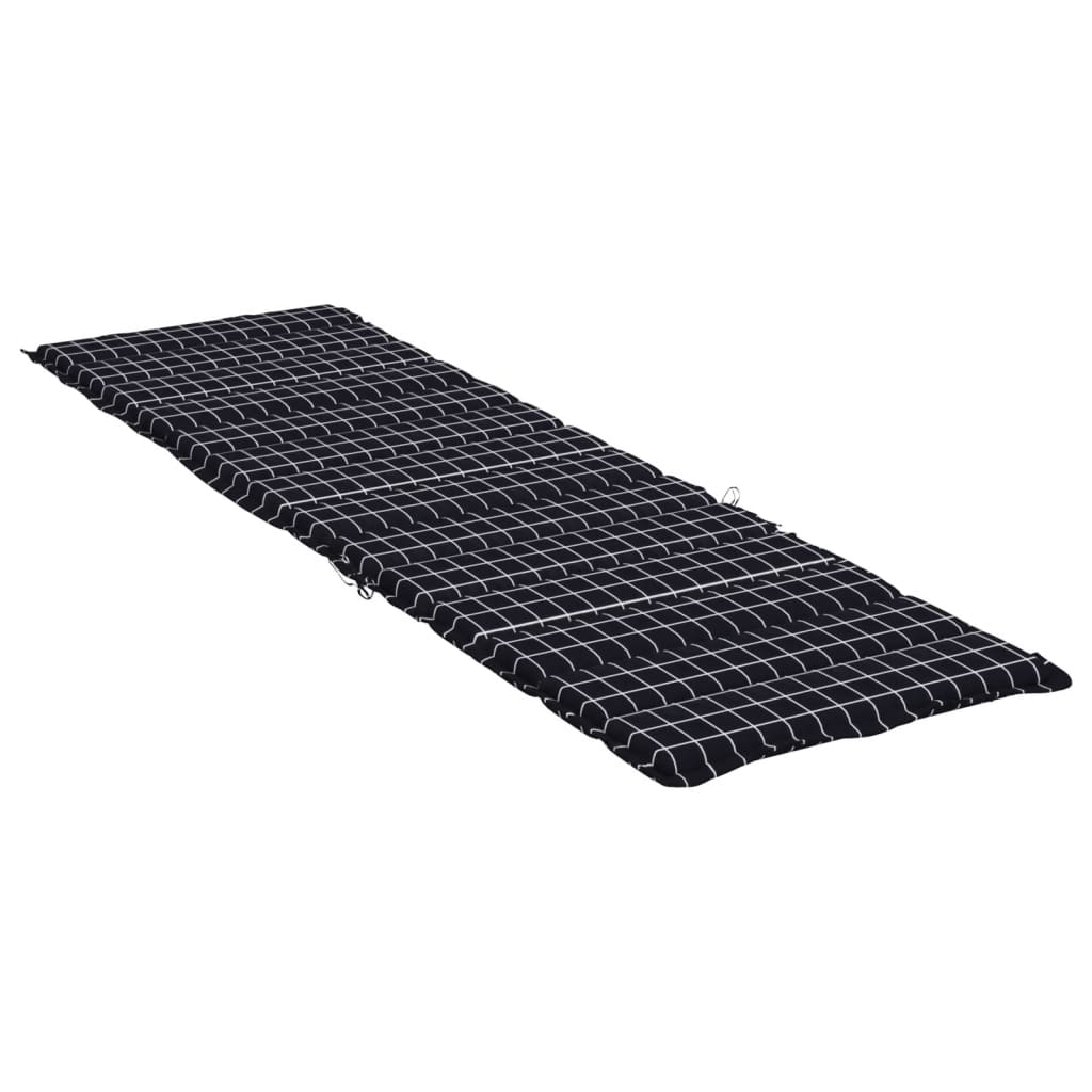 Black check Oxford fabric sun lounger cushion with straps.