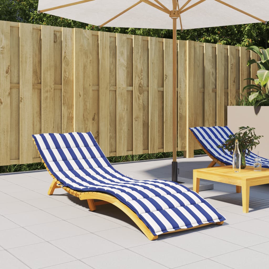 Blue and white striped sun lounger cushion made of Oxford fabric, shown on a wooden lounger outdoors.
