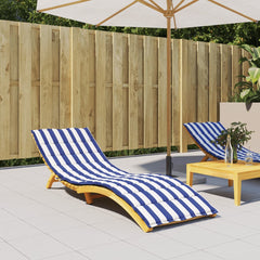 Blue and white striped sun lounger cushion made of Oxford fabric, shown on a wooden lounger outdoors.