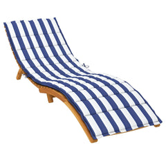 Blue and white striped cushioned sun lounger pad with wooden frame and adjustable backrest