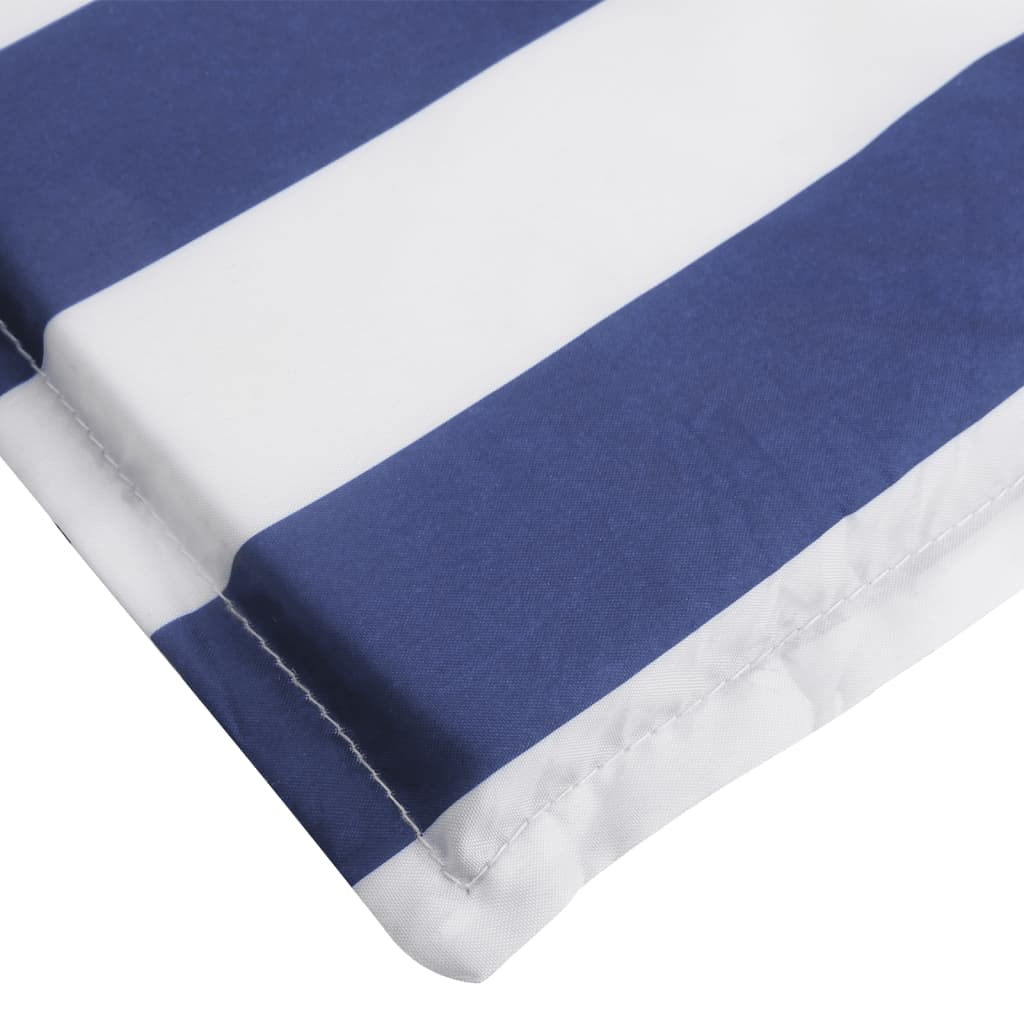Blue and white striped Oxford fabric cushion for sun loungers with stitched edges.