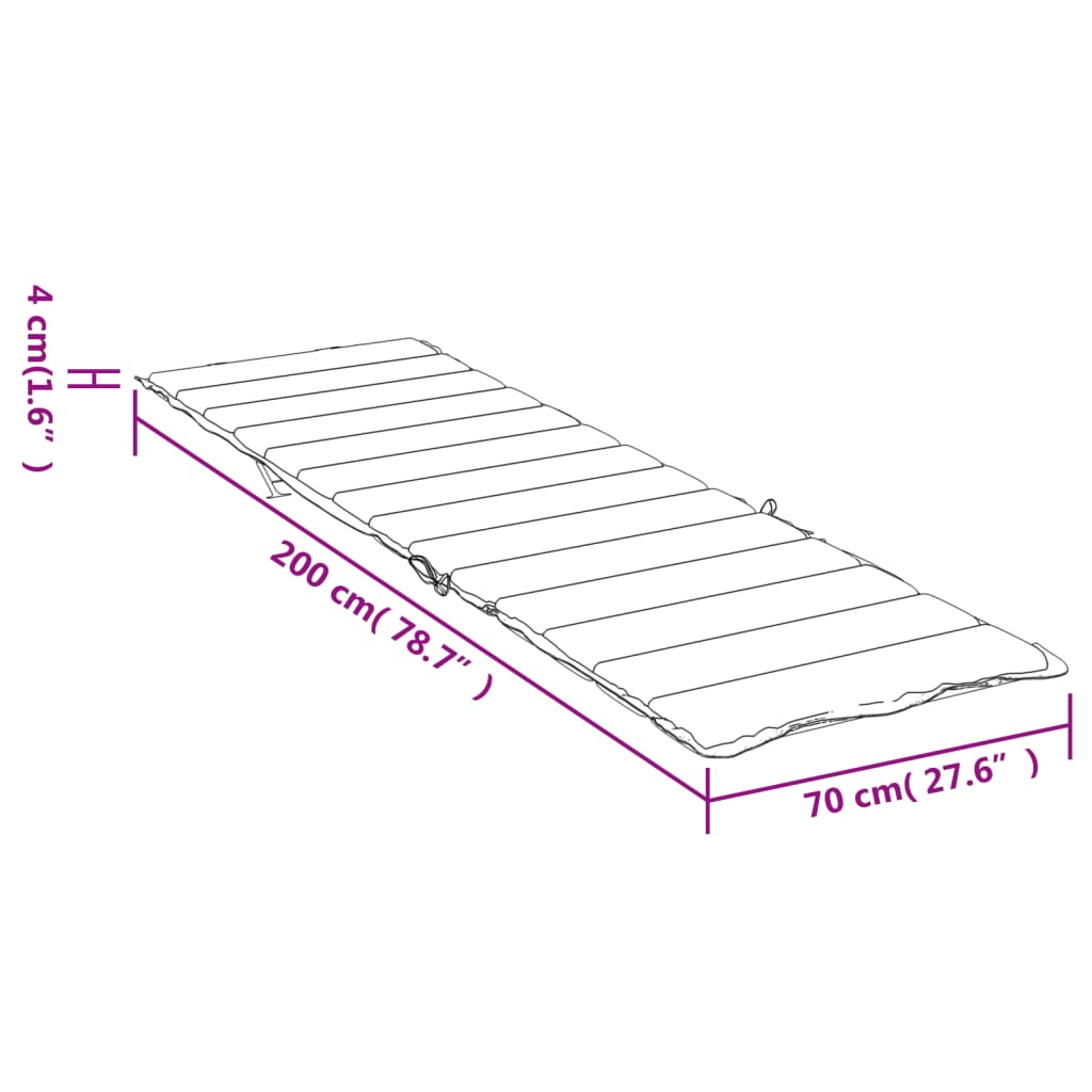 Blue and white striped sun lounger cushion with straps, 200 cm by 70 cm by 4 cm thick.