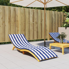 Blue and white striped Oxford fabric cushion on a wooden sun lounger in an outdoor patio setting.