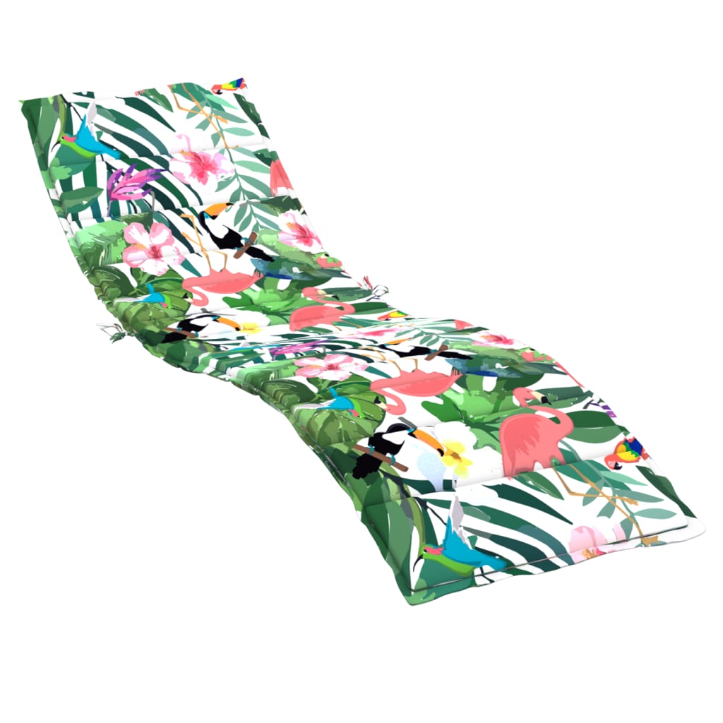Multicolor sun lounger cushion with tropical bird and leaf print on Oxford fabric.