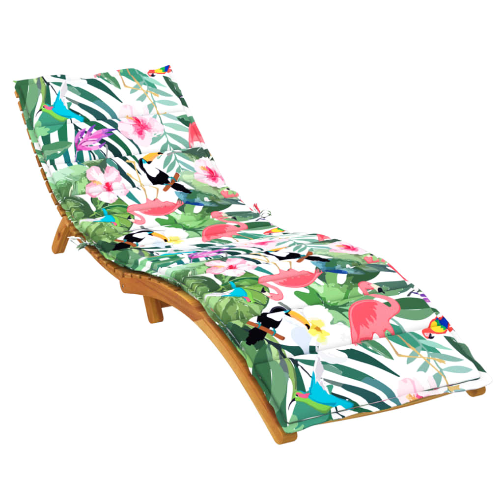 Multicolor Oxford fabric sun lounger cushion with tropical birds, leaves, and flowers.