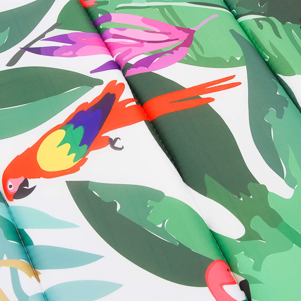 Multicolor Oxford fabric sun lounger cushion with parrot, leaf, and flower print.