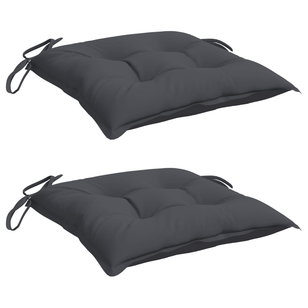 Two dark gray square chair cushions with ties are shown.