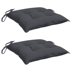 Two dark gray square chair cushions with ties are shown.